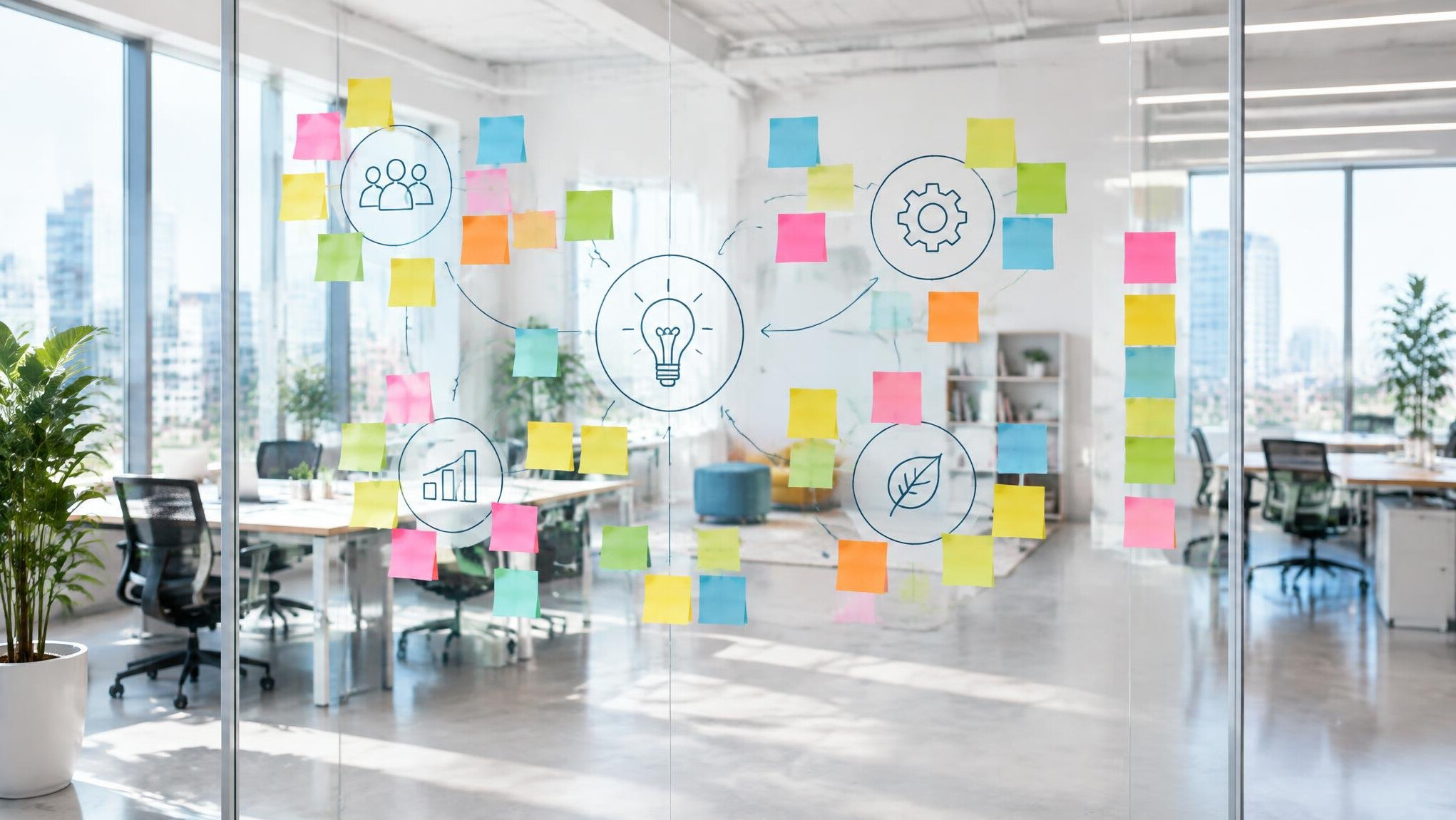 Glass office wall covered with colorful sticky notes