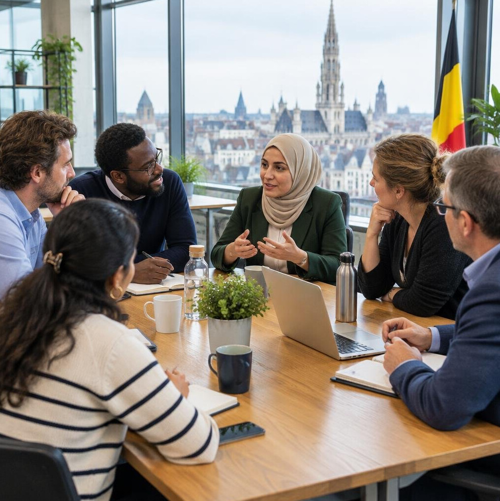 Diverse group of Belgian colleagues discussing around a table
